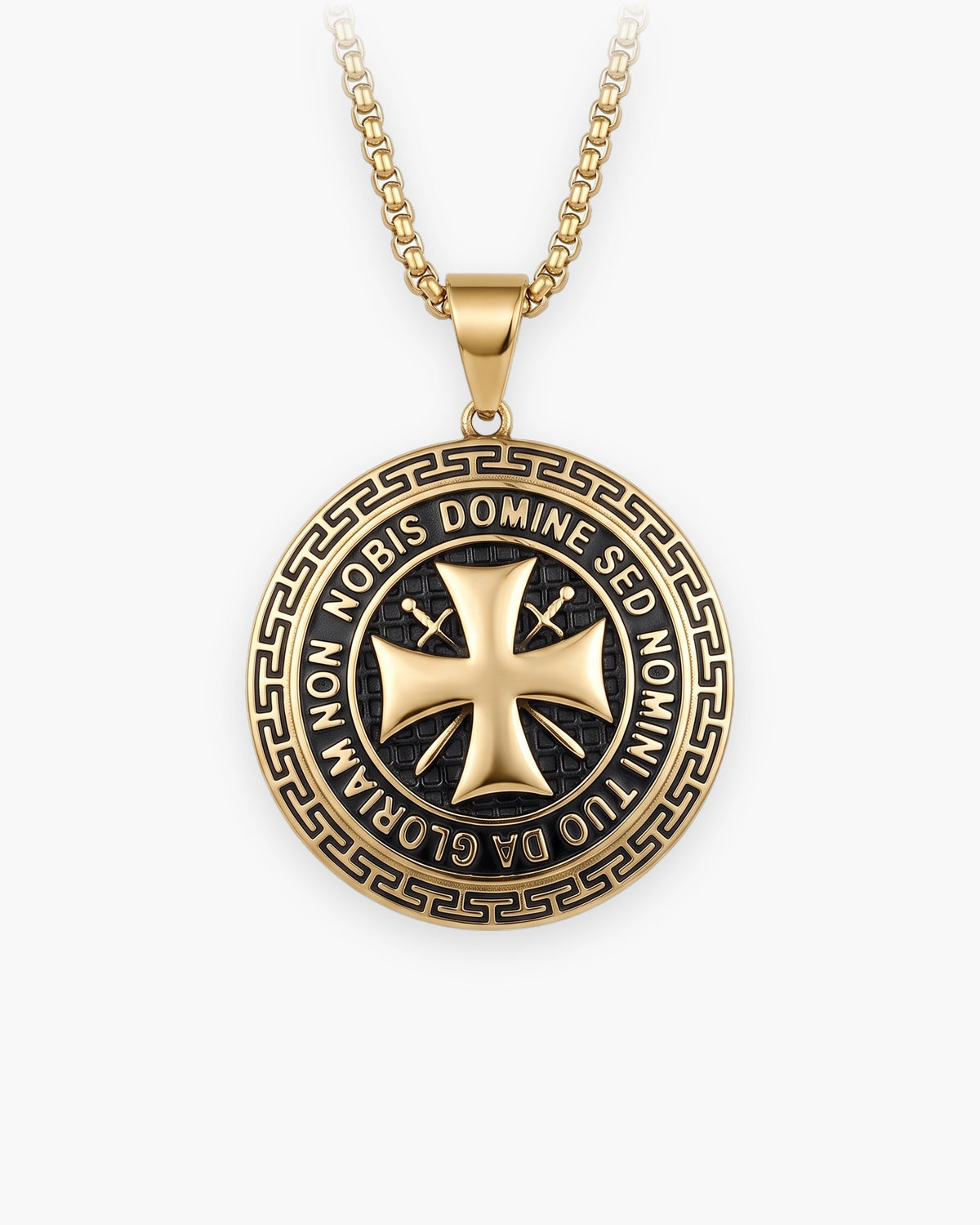 Atlas Knights Templar cross medallion necklace in gold-tone stainless steel, Greek key border [c:goldnostones]