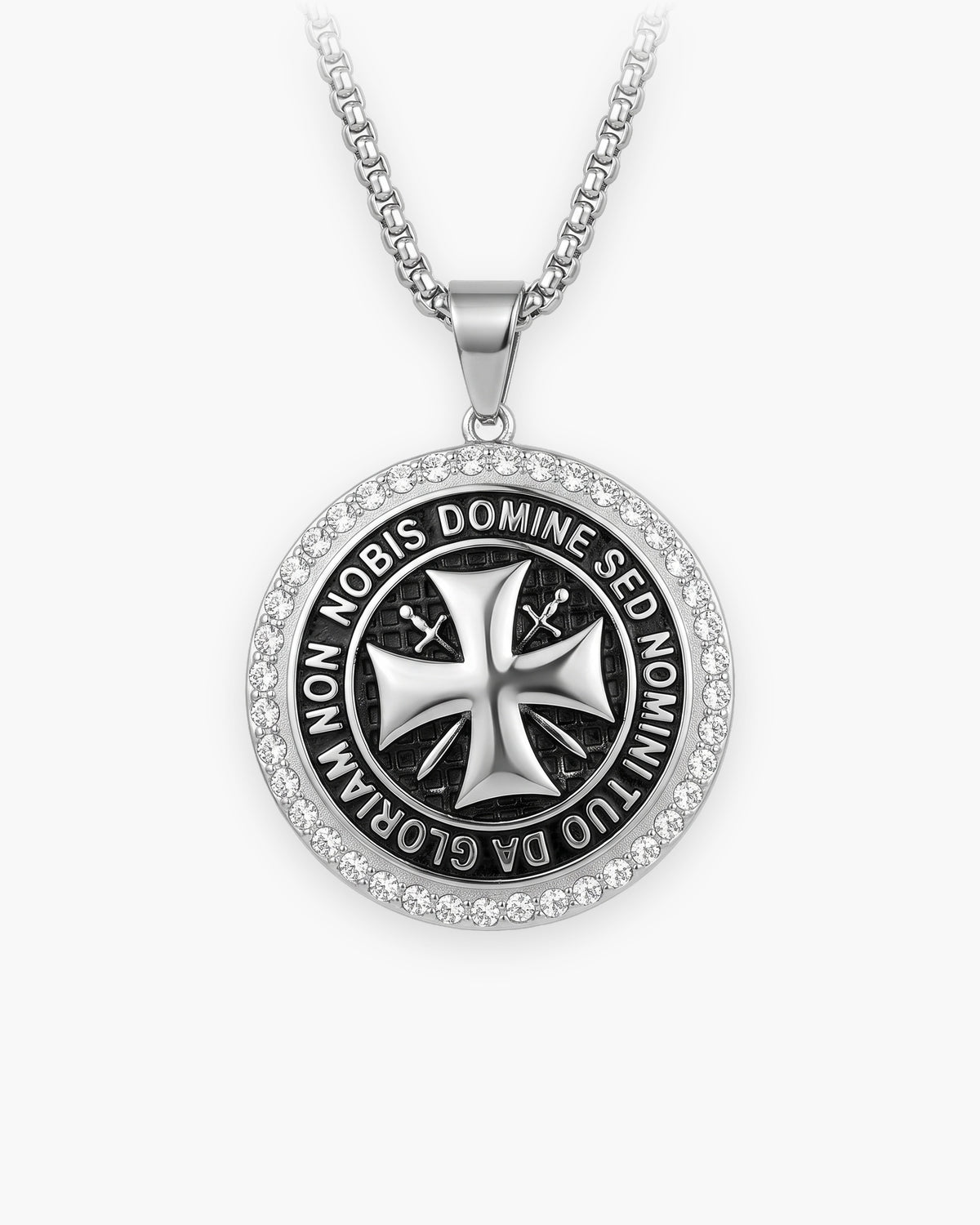 Atlas Knights Templar cross medallion necklace in silver-tone stainless steel, cubic zirconia border [c:silverwithczstones]