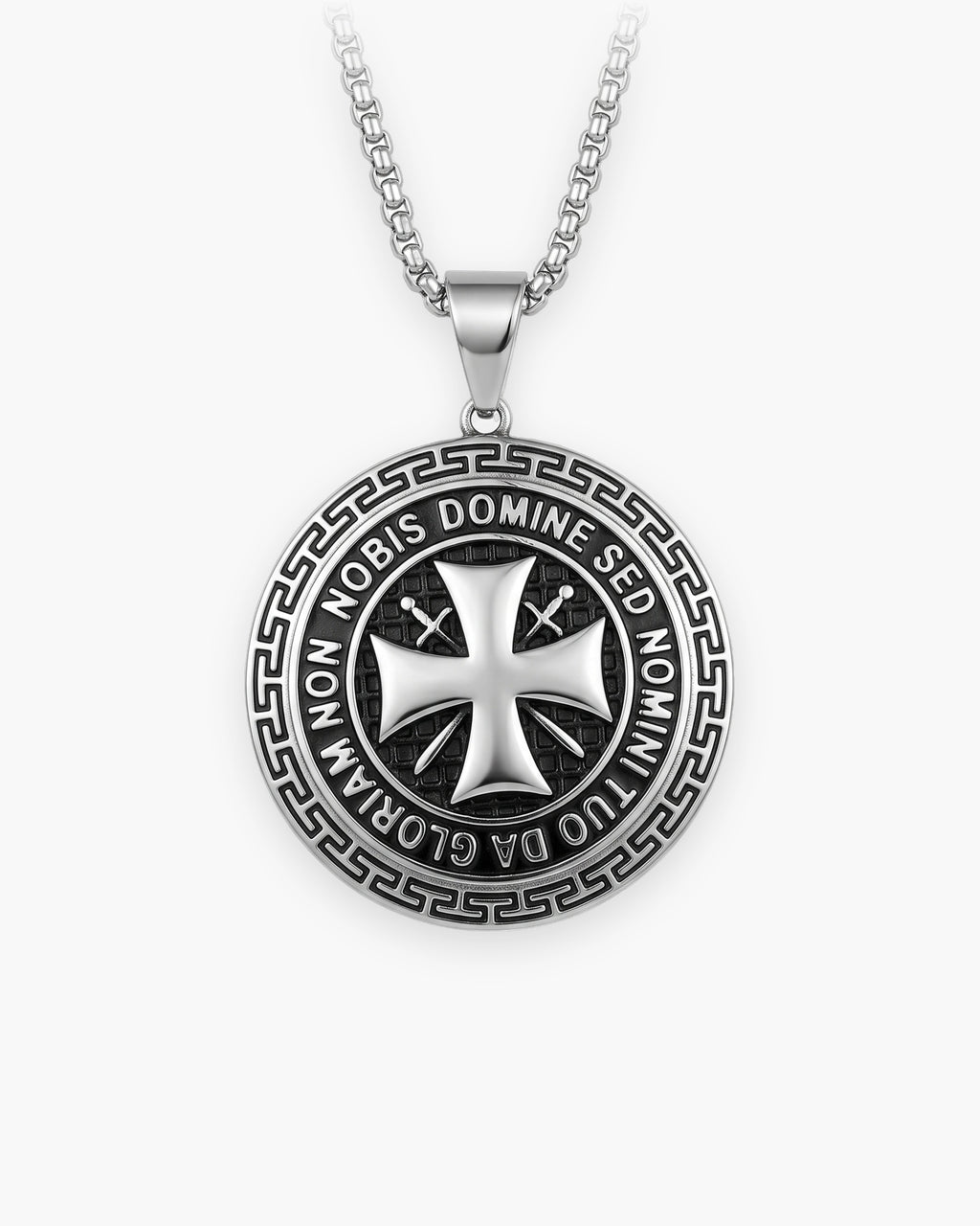 Atlas Knights Templar cross medallion necklace in silver-tone stainless steel, Greek key border [c:silvernostones]