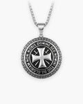 Atlas Knights Templar cross medallion necklace in silver-tone stainless steel, Greek key border [c:silvernostones]