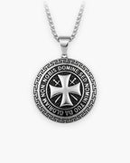 Atlas Knights Templar cross medallion necklace in silver-tone stainless steel, Greek key border [c:silvernostones]