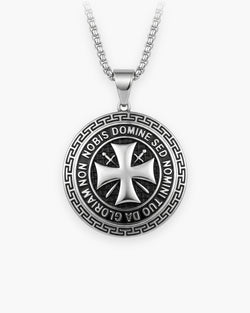 Atlas Knights Templar cross medallion necklace in silver-tone stainless steel, Greek key border [c:silvernostones]