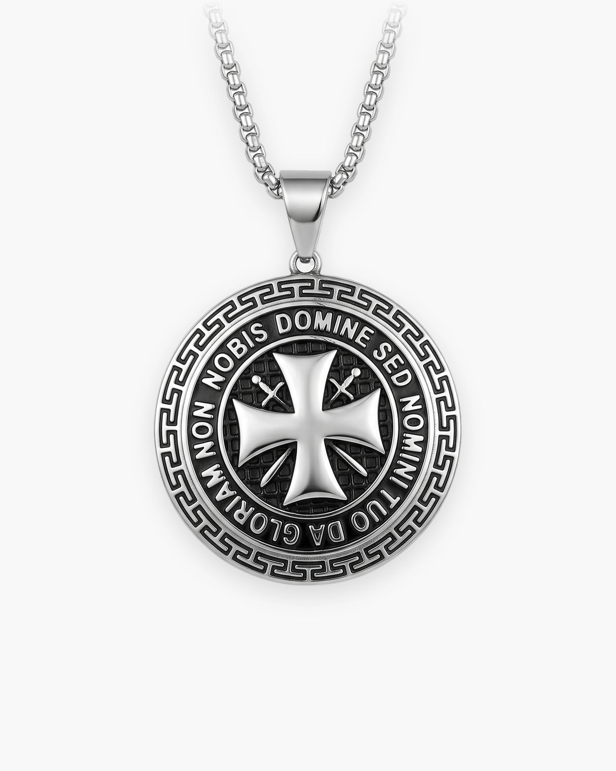 Atlas Knights Templar cross medallion necklace in silver-tone stainless steel, Greek key border [c:silvernostones]