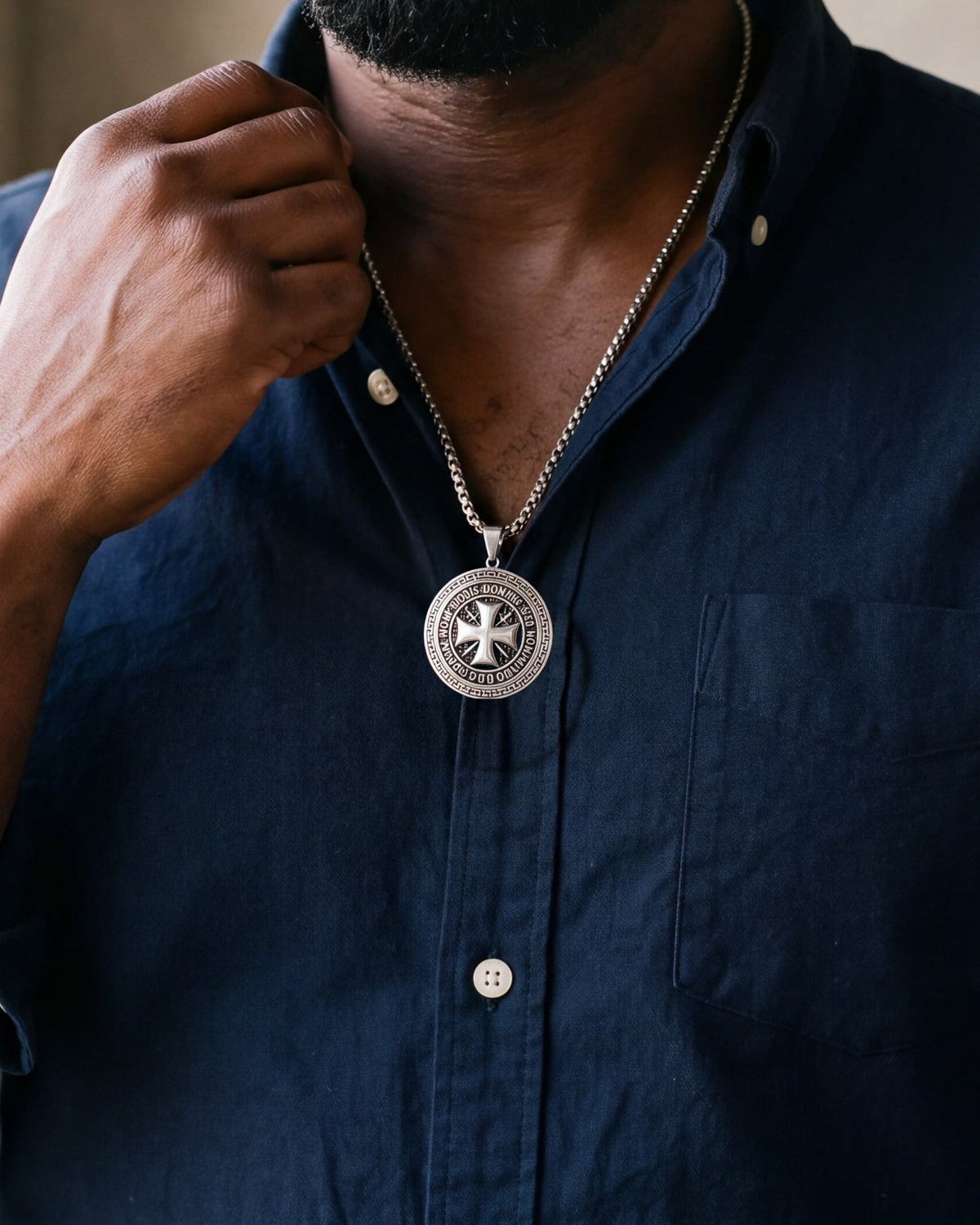Close-up of the silver-tone Atlas Knights Templar cross medallion necklace worn, true size
