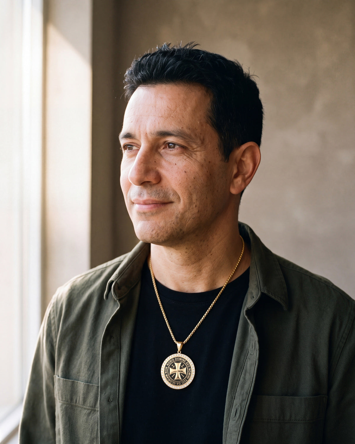 Man in an olive overshirt wearing the gold-tone Atlas Knights Templar cross medallion necklace with cubic zirconia border