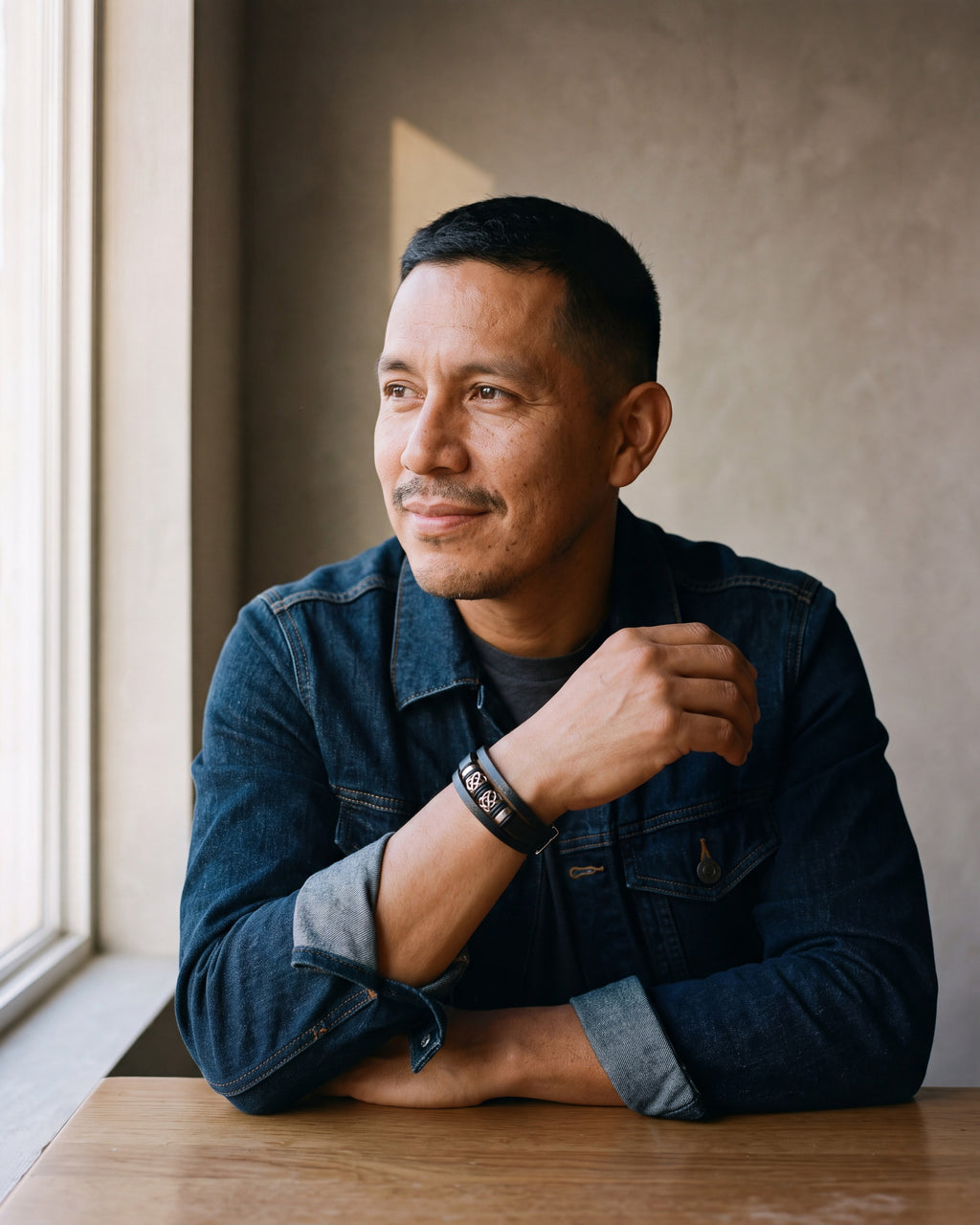 Second man in a dark indigo denim jacket open over a charcoal crew-neck t-shirt wearing the silver Atlas knotwork multi-strand leather bracelet