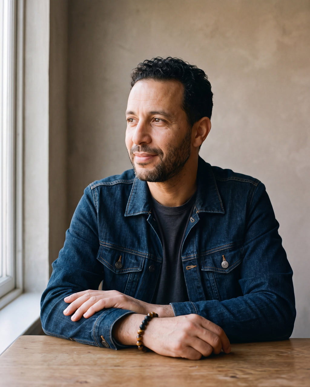 Man in a dark indigo denim jacket open over a charcoal crew-neck t-shirt wearing the Tiger Eye & Black Atlas Lava and Tiger Eye Stone Bead Bracelet