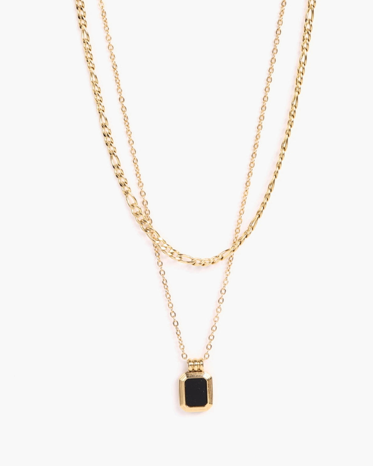 Atlas Layered Figaro Chain Necklace, two gold-tone figaro chains with a black stone square pendant [c:black]