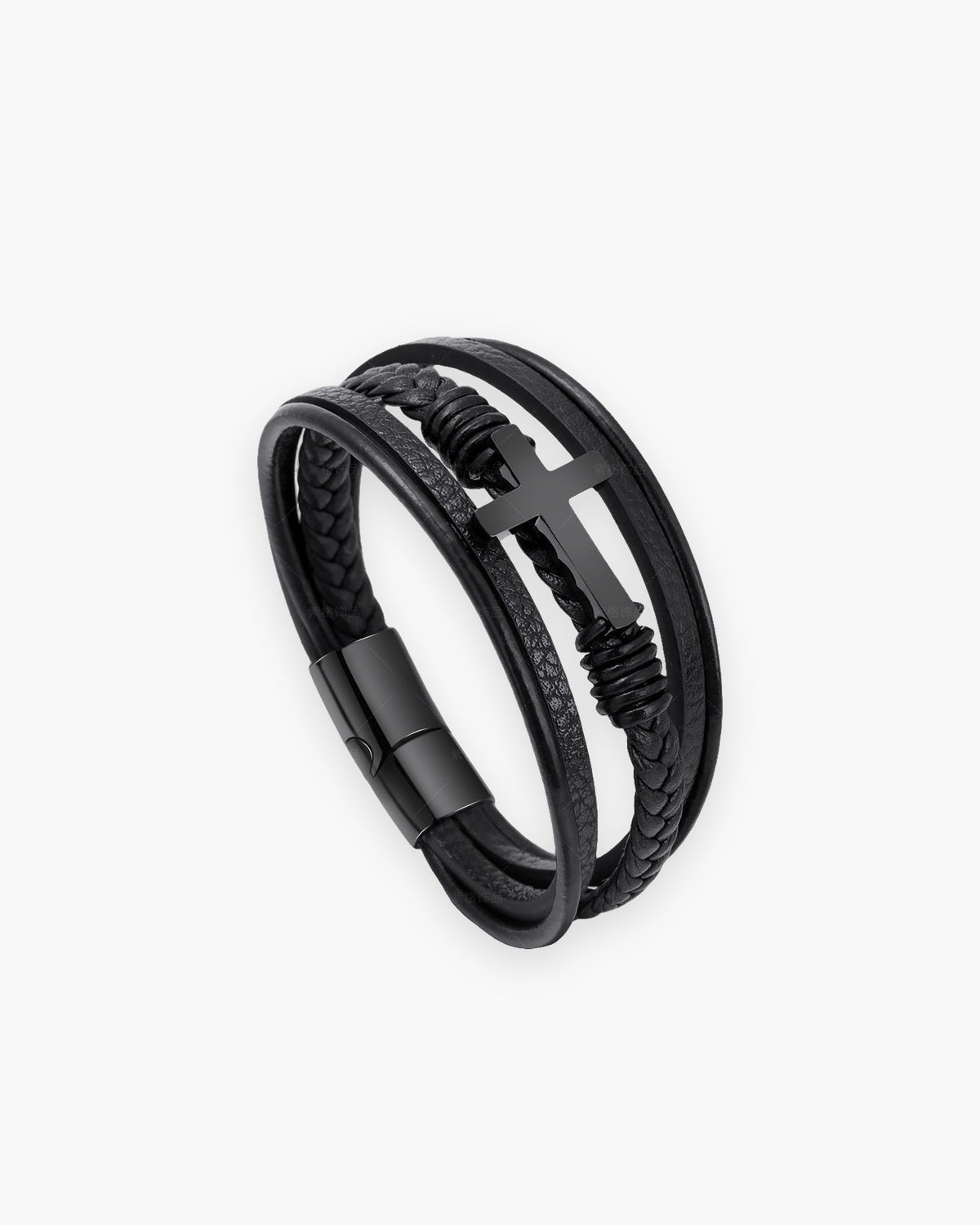 Atlas layered black leather cross bracelet with black steel cross and clasp [c:black]