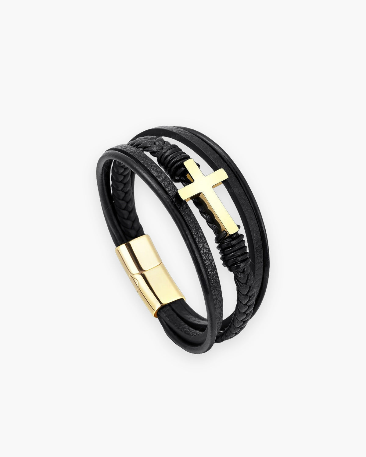 Atlas layered black leather cross bracelet with gold-tone cross and clasp [c:gold]