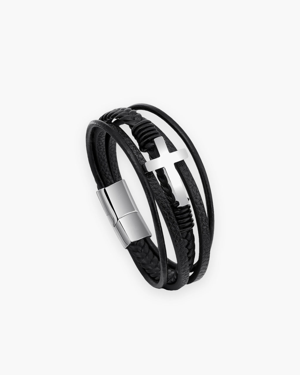Atlas layered black leather cross bracelet with silver steel cross and clasp [c:silver]