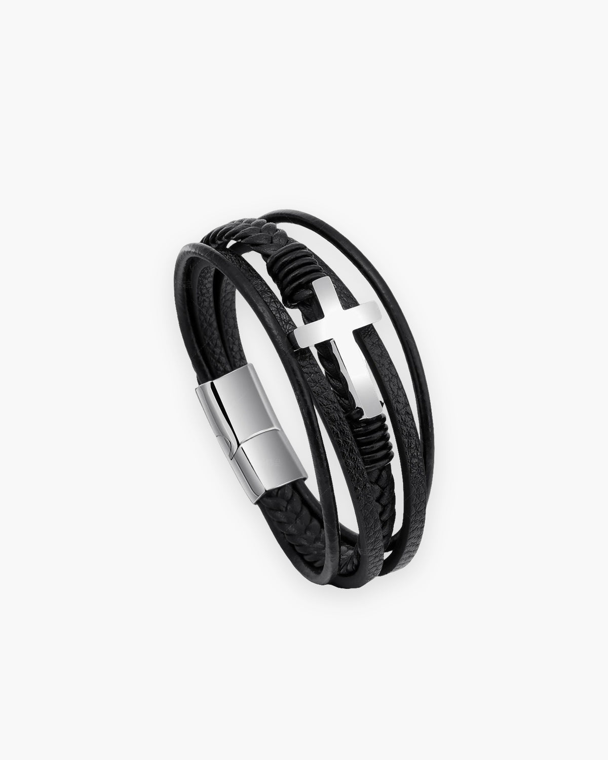 Atlas layered black leather cross bracelet with silver steel cross and clasp [c:silver]