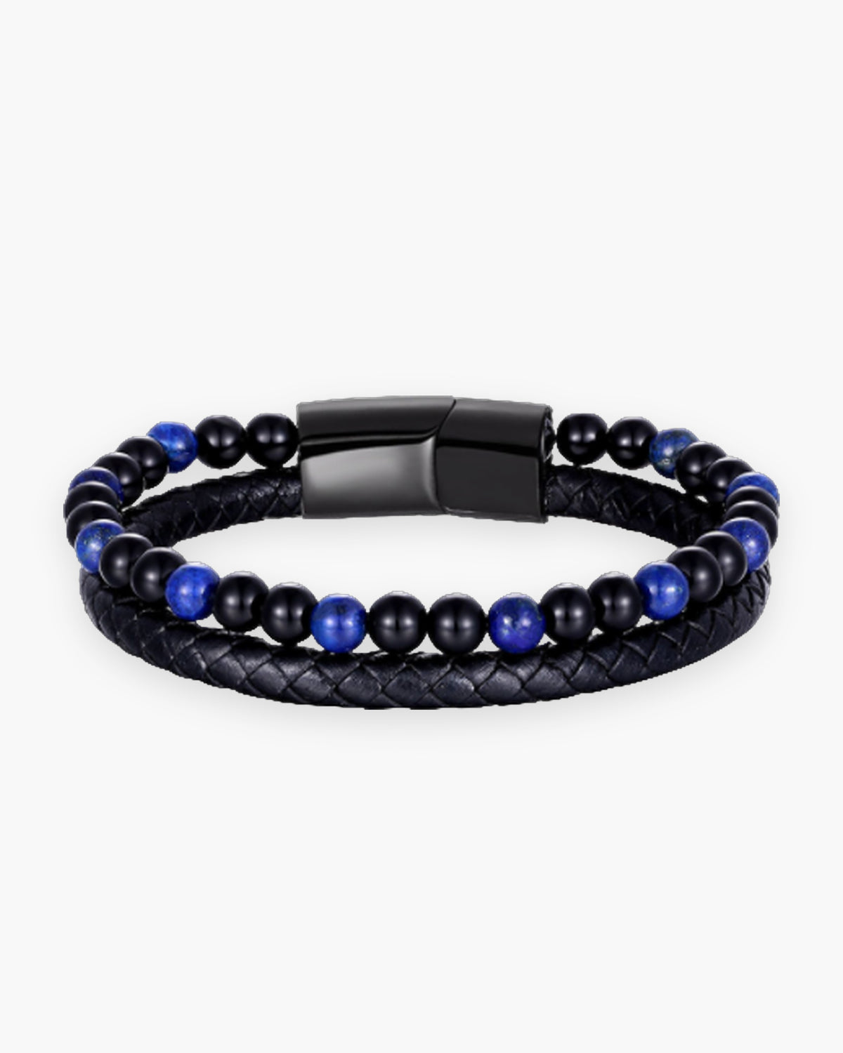 Atlas double-strand bracelet, braided leather and lapis and onyx beads, black clasp [c:lapisblack]