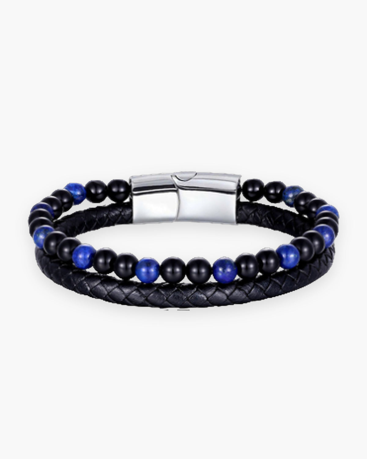 Atlas double-strand bracelet, braided leather and lapis and onyx beads, steel clasp [c:lapissilver]