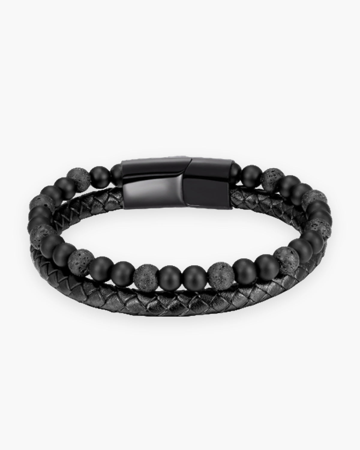 Atlas double-strand bracelet, braided leather and black lava stone beads, black clasp [c:lavablackblack]