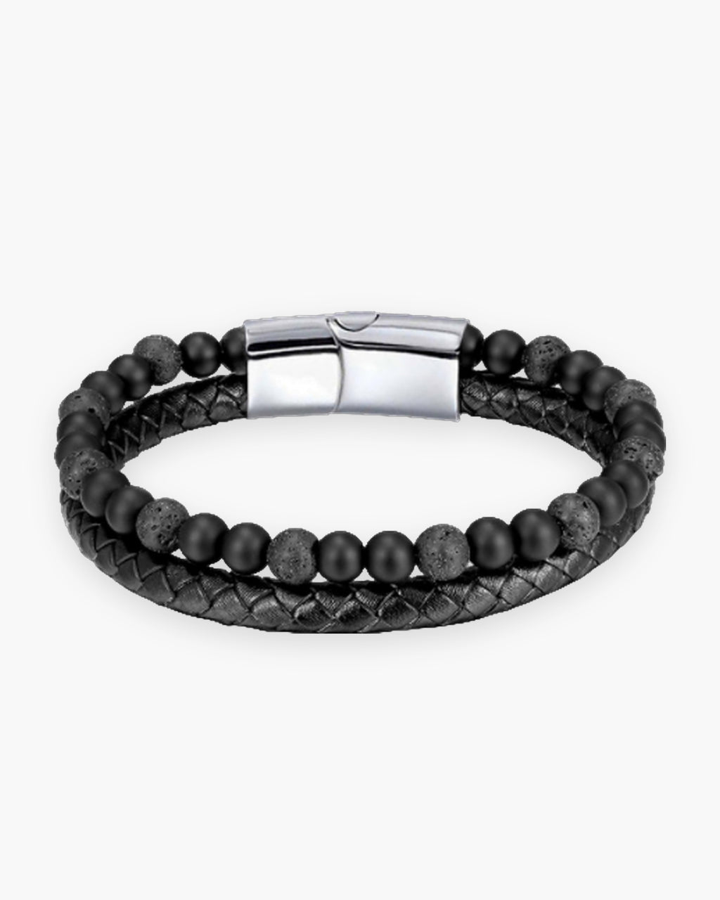 Atlas double-strand bracelet, braided leather and black lava stone beads, steel clasp [c:lavablacksilver]