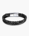 Atlas double-strand bracelet, braided leather and black lava stone beads, steel clasp [c:lavablacksilver]