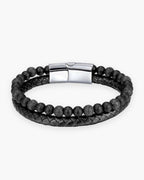 Atlas double-strand bracelet, braided leather and black lava stone beads, steel clasp [c:lavablacksilver]