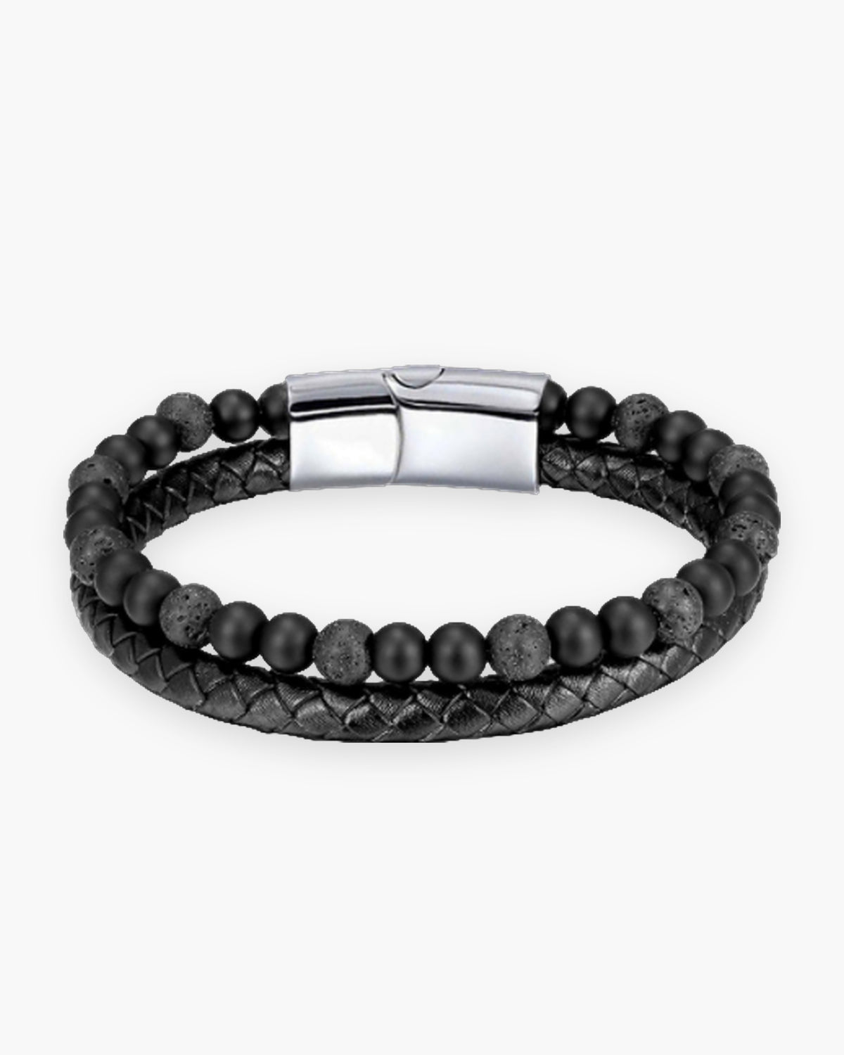 Atlas double-strand bracelet, braided leather and black lava stone beads, steel clasp [c:lavablacksilver]