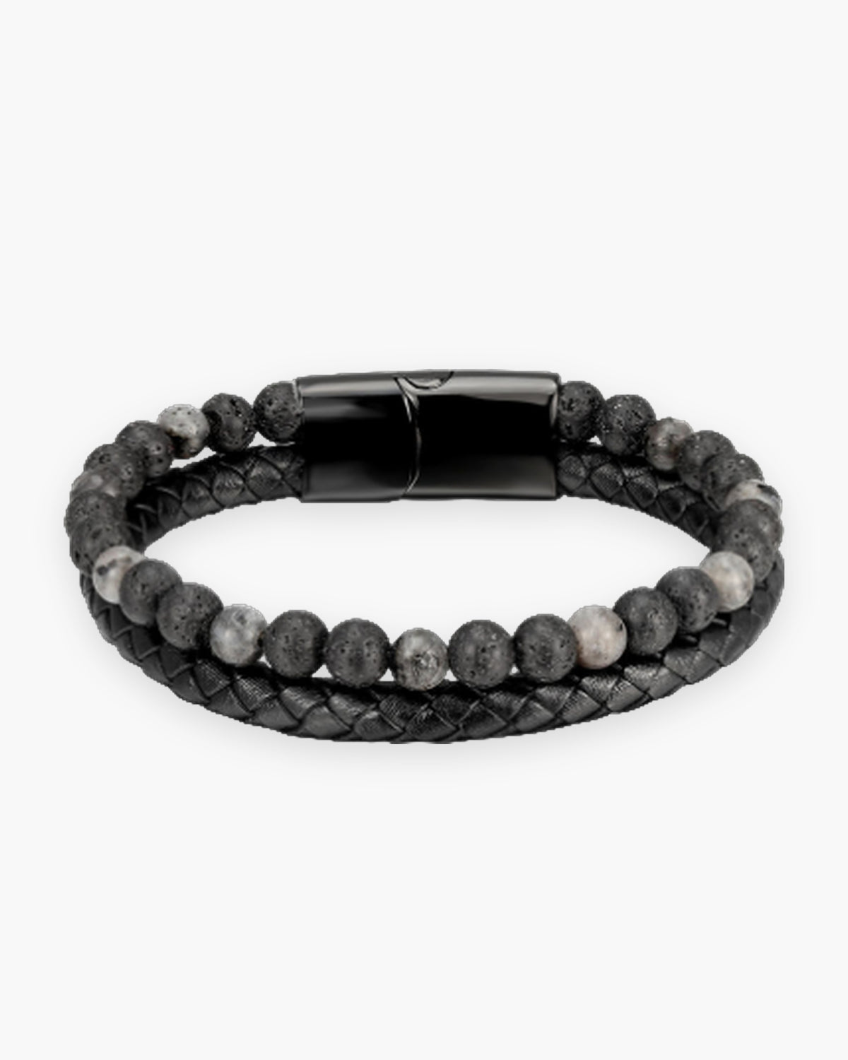 Atlas double-strand bracelet, braided leather and grey lava stone beads, black clasp [c:lavagrayblack]
