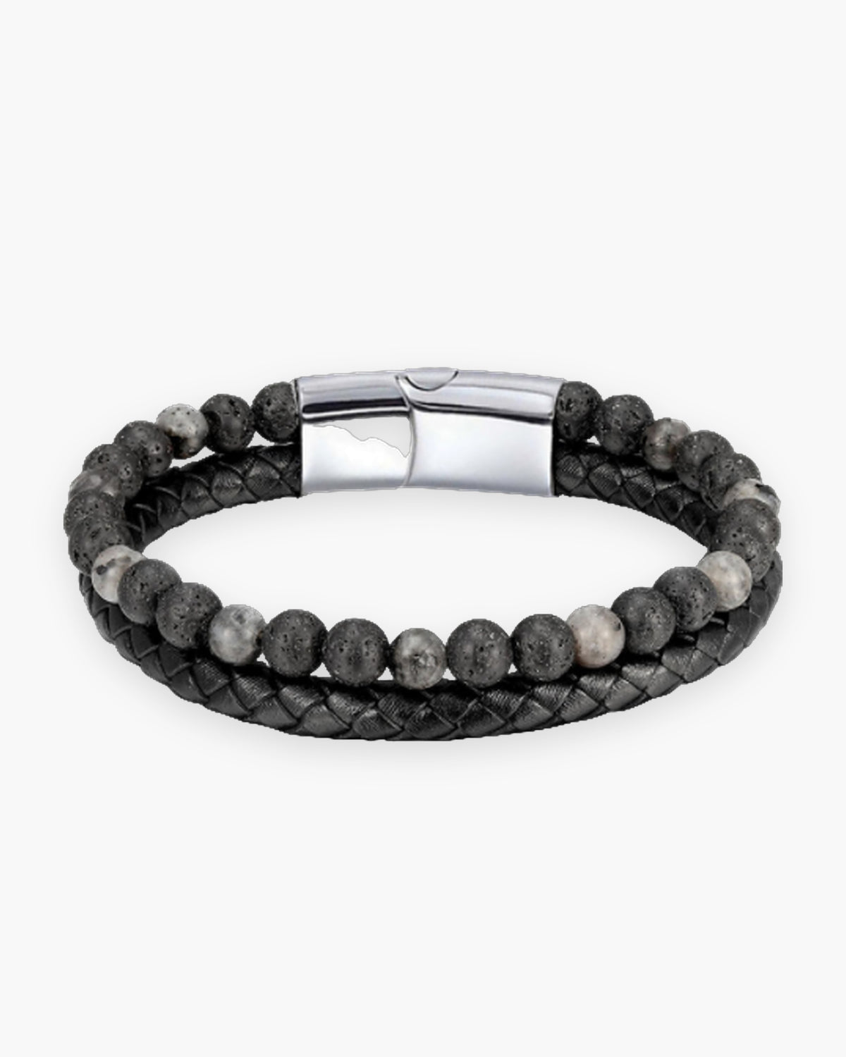 Atlas double-strand bracelet, braided leather and grey lava stone beads, steel clasp [c:lavagraysilver]