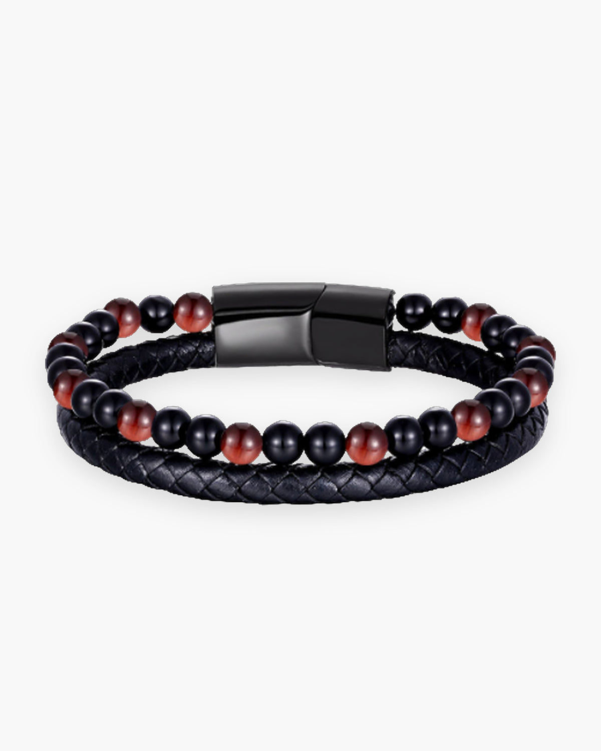 Atlas double-strand bracelet, braided leather and red tiger eye and onyx beads, black clasp [c:redtigereyeblack]