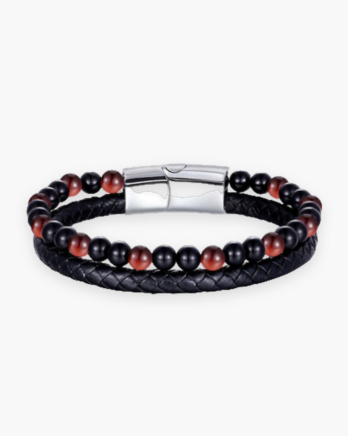 Atlas double-strand bracelet, braided leather and red tiger eye and onyx beads, steel clasp [c:redtigereyesilver]