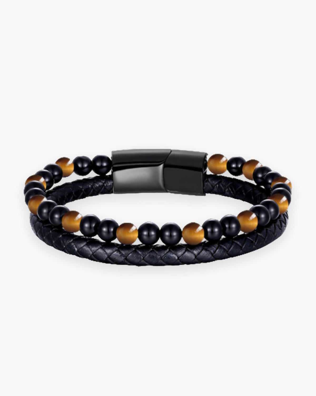 Atlas double-strand bracelet, braided leather and tiger eye and onyx beads, black clasp [c:tigereyeblack]