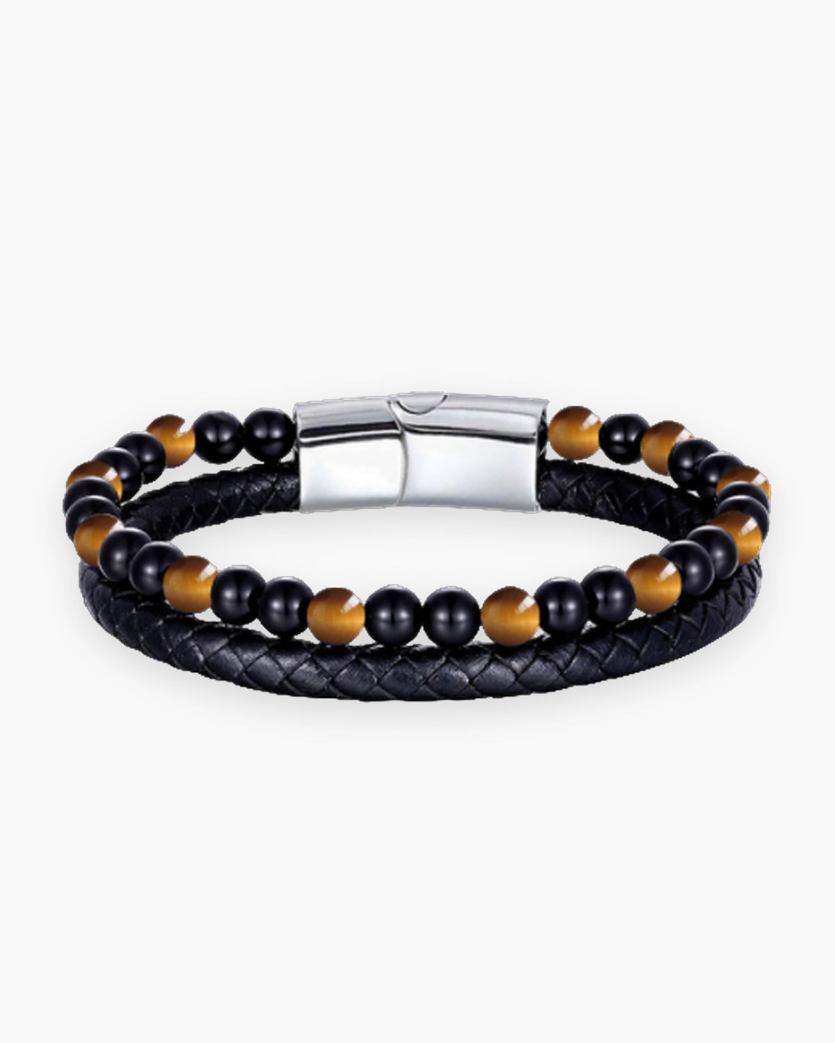 Atlas double-strand bracelet, braided leather and tiger eye and onyx beads, steel clasp [c:tigereyesilver]