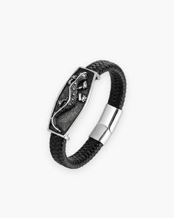 Atlas lizard plaque bracelet in black braided leather and steel [c:black]