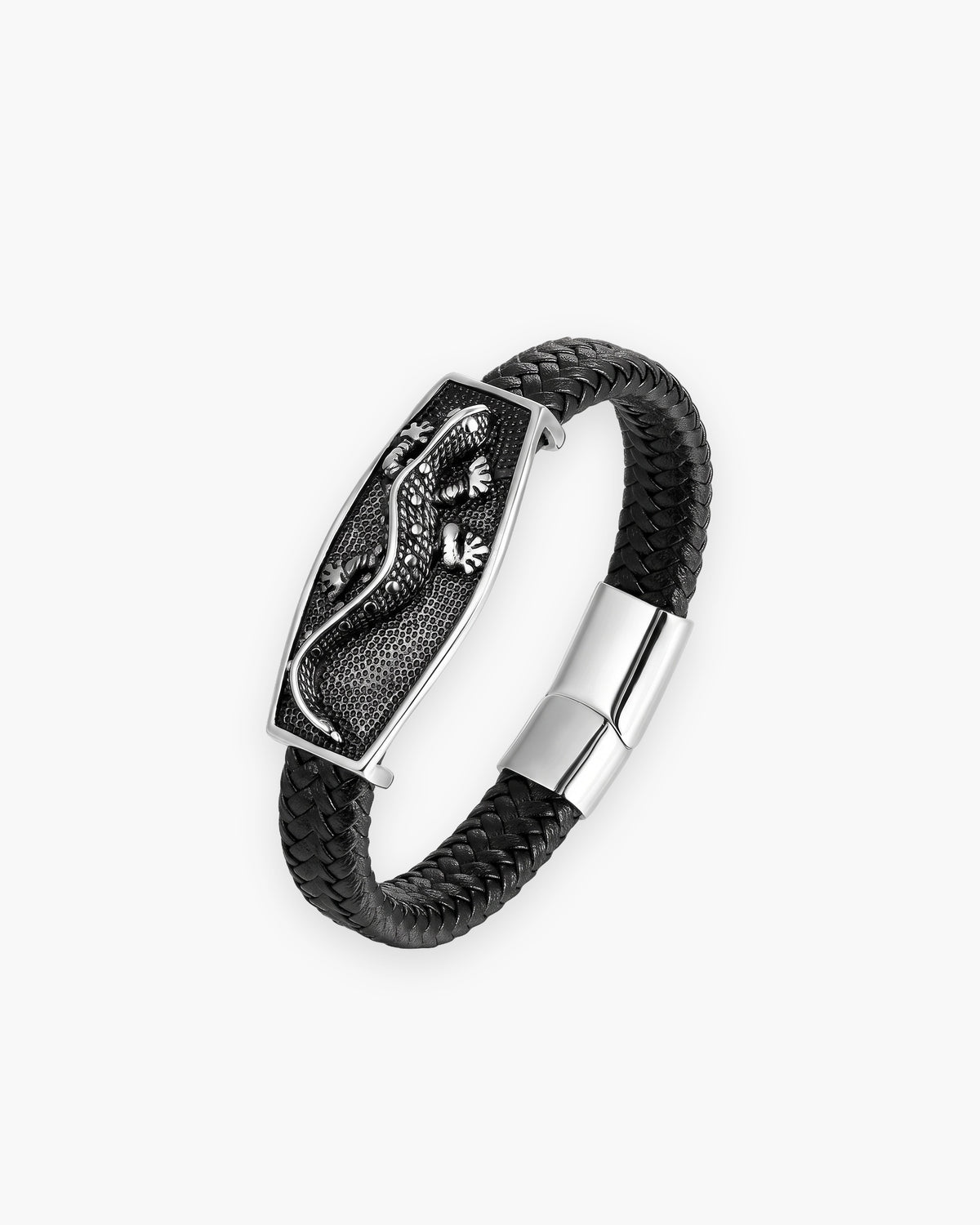 Atlas lizard plaque bracelet in black braided leather and steel [c:black]