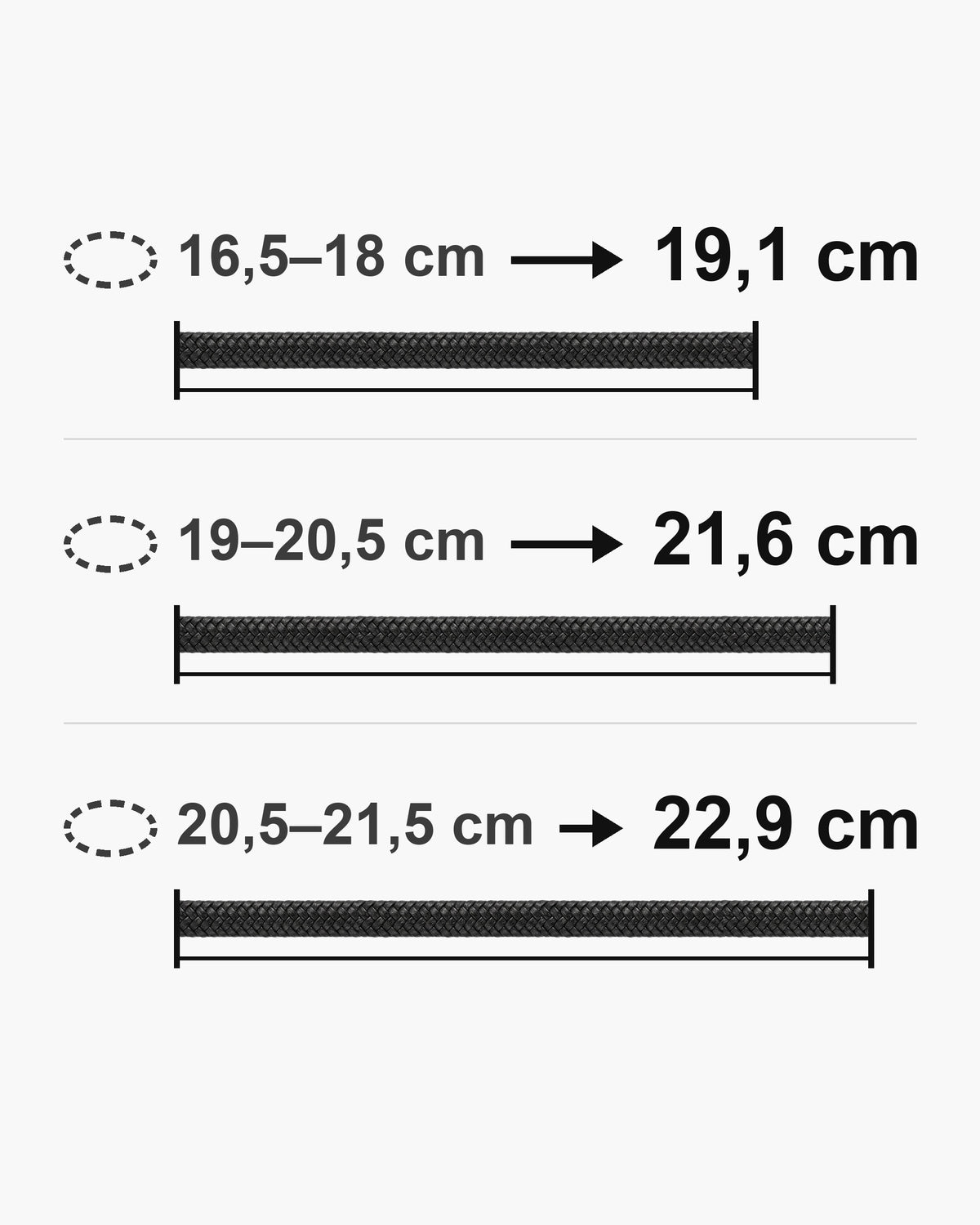 Bracelet length guide: wrist size and bracelet length from 19,1 to 22,9 cm [u:mm]