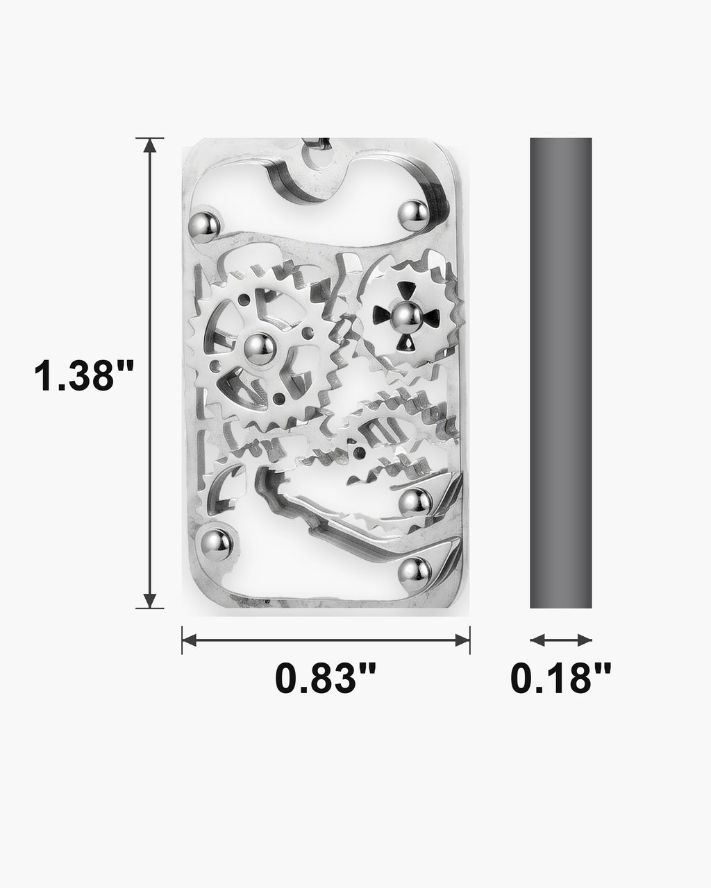 Atlas mechanical gear dog tag necklace dimensions at true scale: 0.83 x 1.38 inch, 0.18 inch thick [u:in]