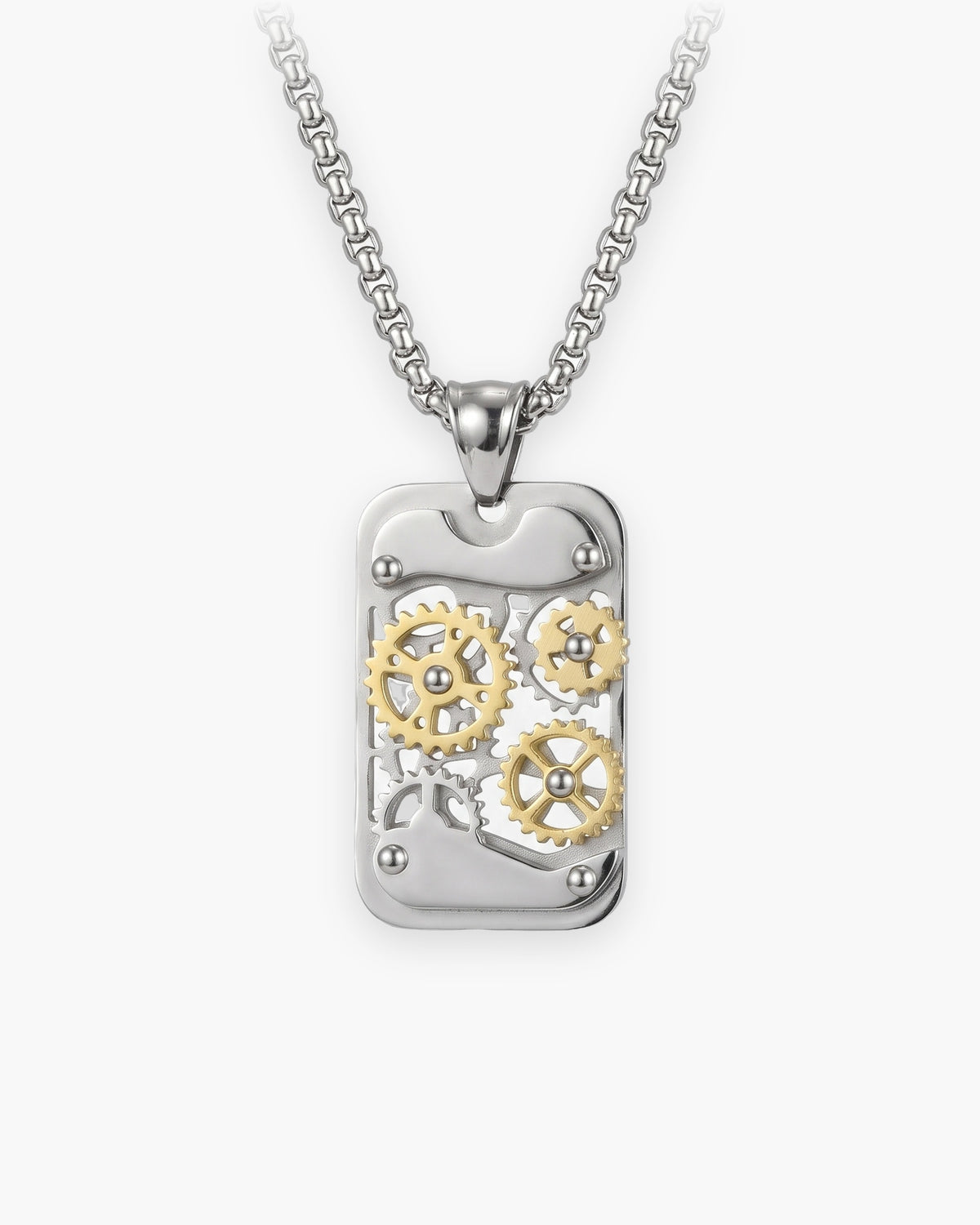 Atlas mechanical gear dog tag necklace in silver-tone and gold-tone titanium steel [c:gold]