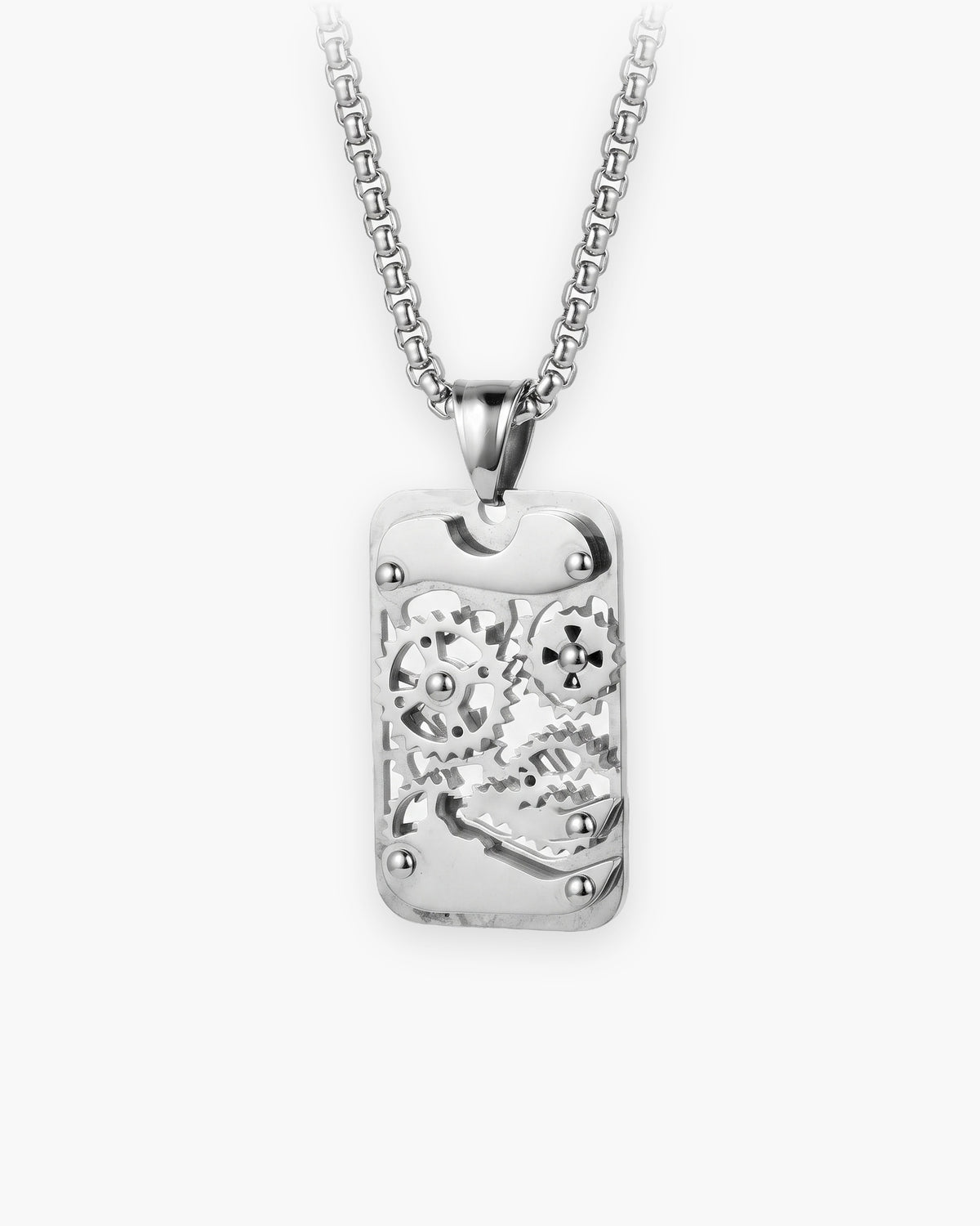 Atlas mechanical gear dog tag necklace in silver-tone titanium steel [c:silver]