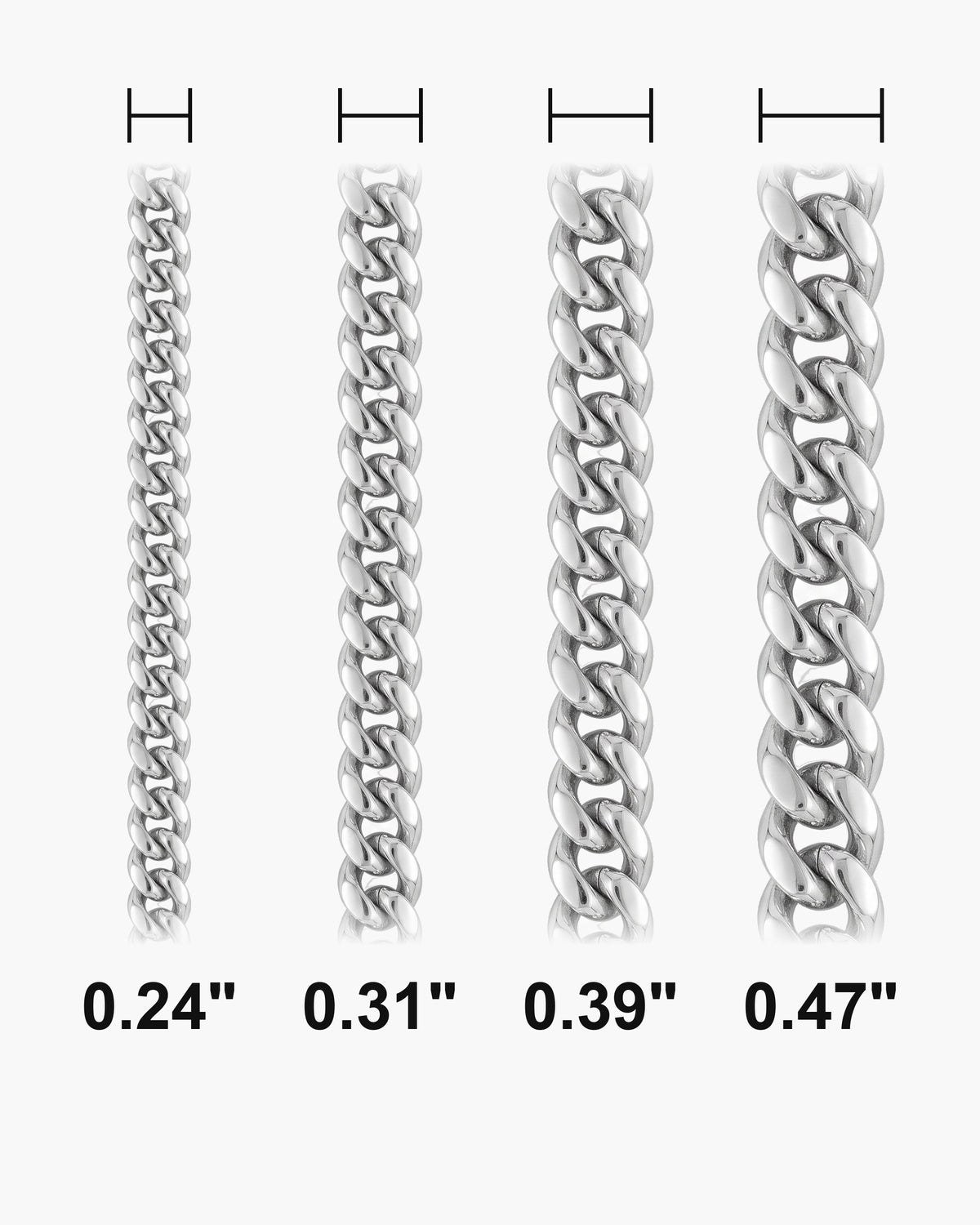 Atlas Miami Cuban Bracelet widths 0.24 to 0.47 inch shown at true scale [u:in]