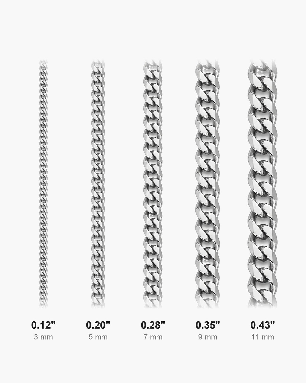 Atlas Miami Cuban chain widths side by side at true scale, in inches: 0.12 to 0.43 inch [u:in]
