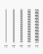 Atlas Miami Cuban chain widths side by side at true scale, in inches: 0.12 to 0.43 inch [u:in]