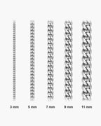 Atlas Miami Cuban chain widths side by side at true scale: 3, 5, 7, 9 and 11 mm [u:mm]