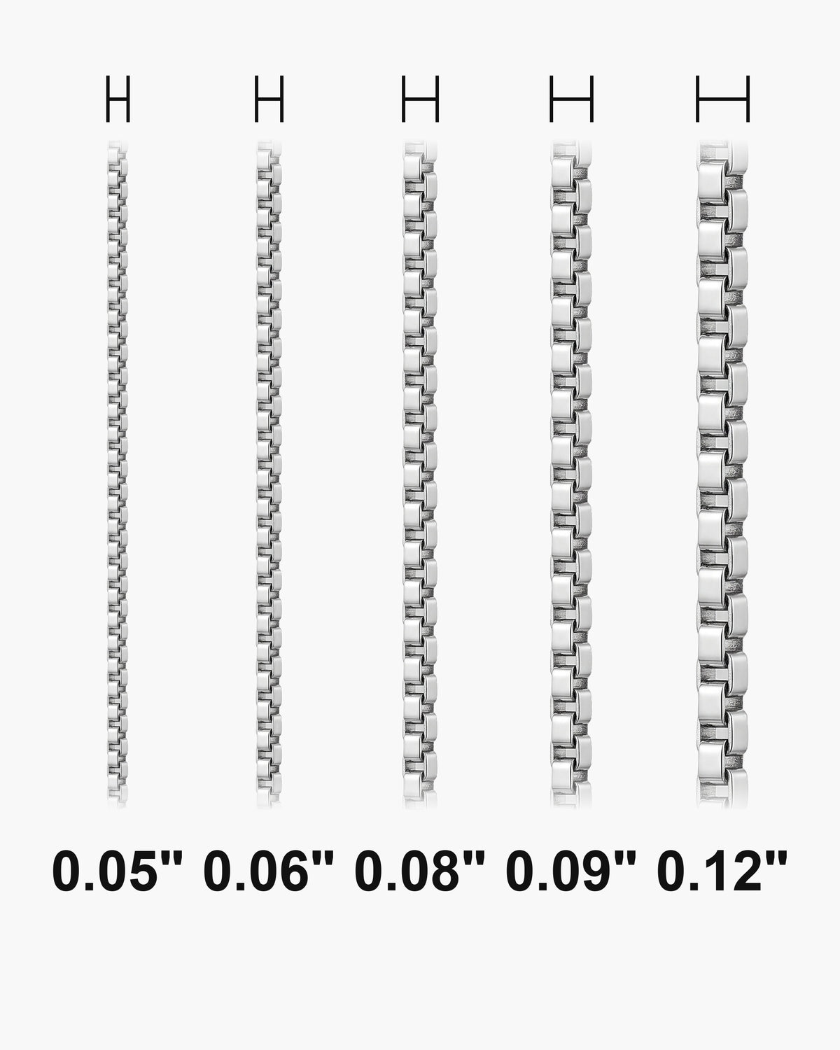 Atlas minimalist box chain actual widths 0.05 in, 0.06 in, 0.08 in, 0.09 in, 0.12 in [u:in]
