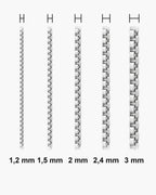 Atlas minimalist box chain actual widths 1.2 mm, 1.5 mm, 2 mm, 2.4 mm, 3 mm [u:mm]