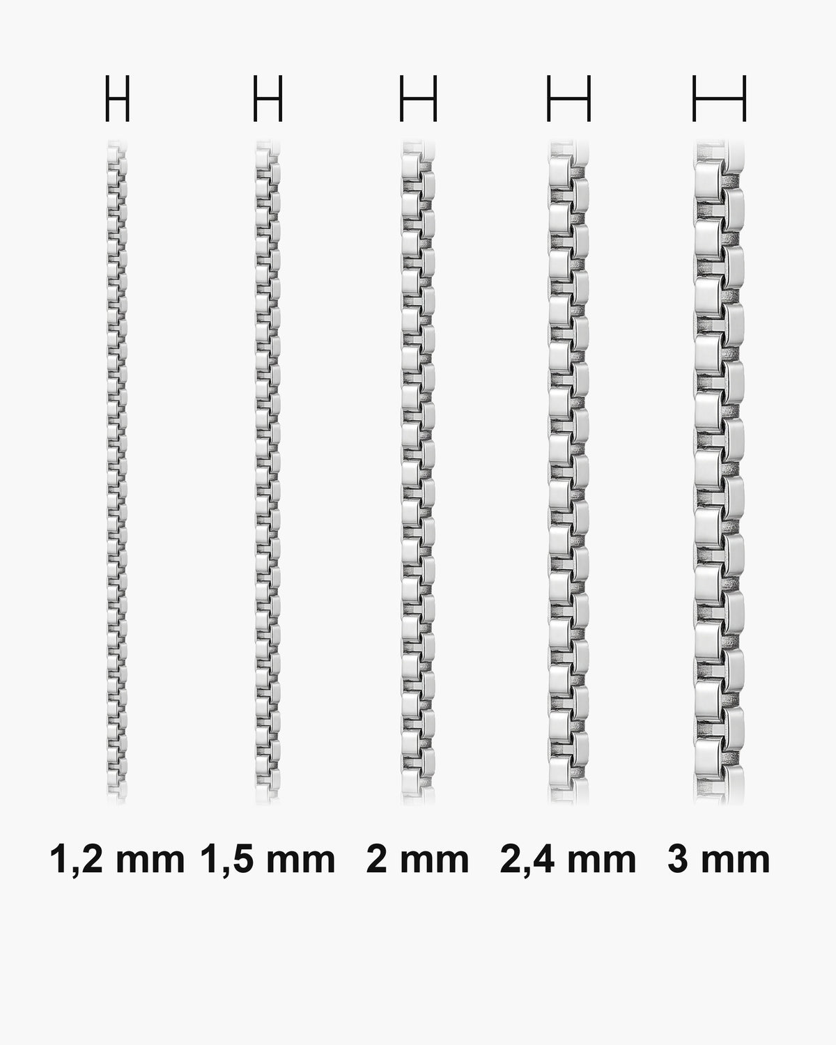 Atlas minimalist box chain actual widths 1.2 mm, 1.5 mm, 2 mm, 2.4 mm, 3 mm [u:mm]