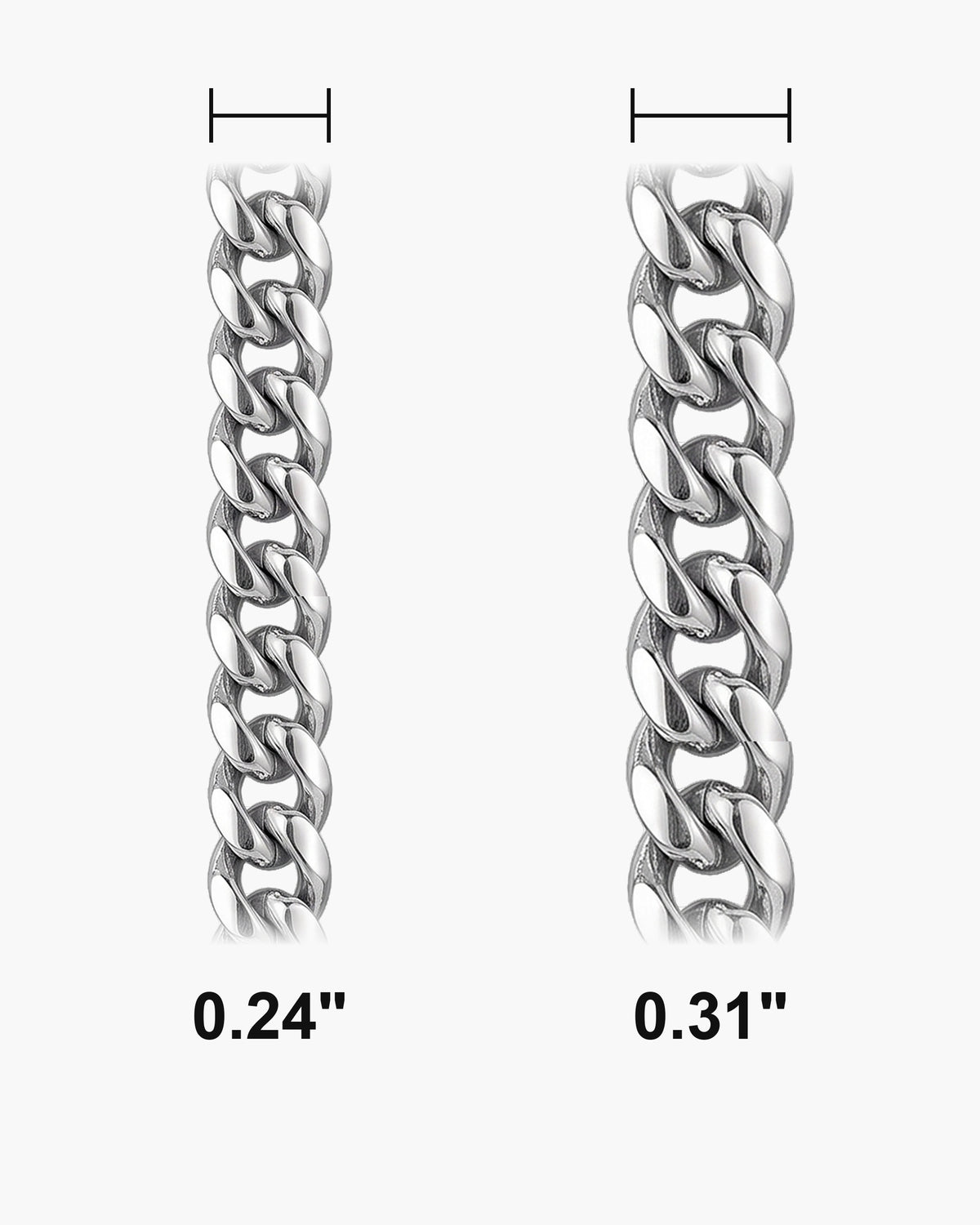 Atlas mirror-polished Cuban chain widths side by side at true scale, in inches: 0.24 to 0.31 inch [u:in]