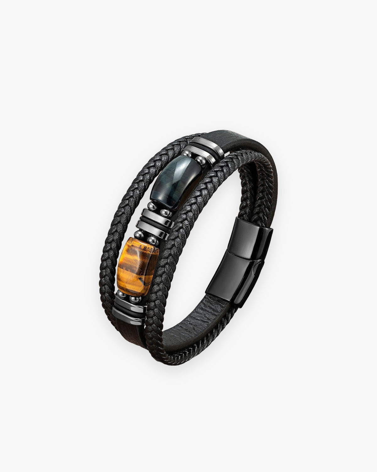 Atlas multi-strand leather and tiger eye bracelet in black leather with blue and brown tiger eye [c:bluebrown]