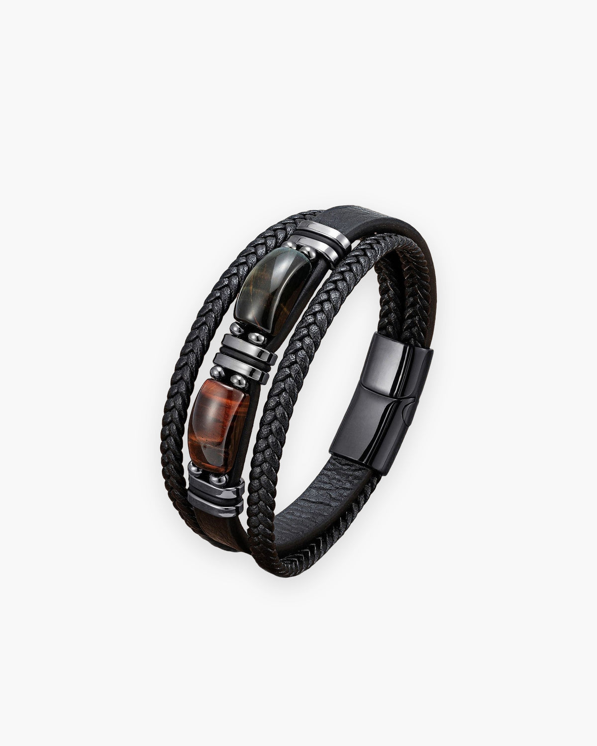 Atlas multi-strand leather and tiger eye bracelet in black leather with blue and red tiger eye [c:bluered]