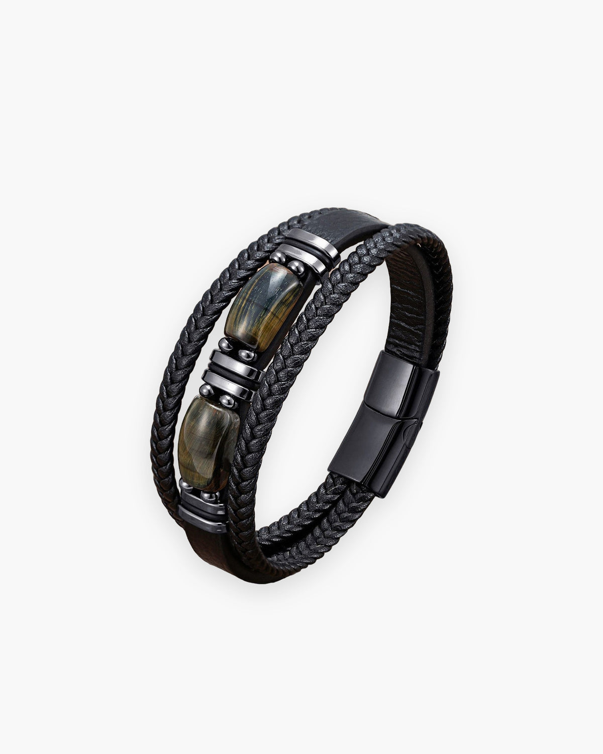 Atlas multi-strand leather and tiger eye bracelet in black leather with blue tiger eye [c:blue]