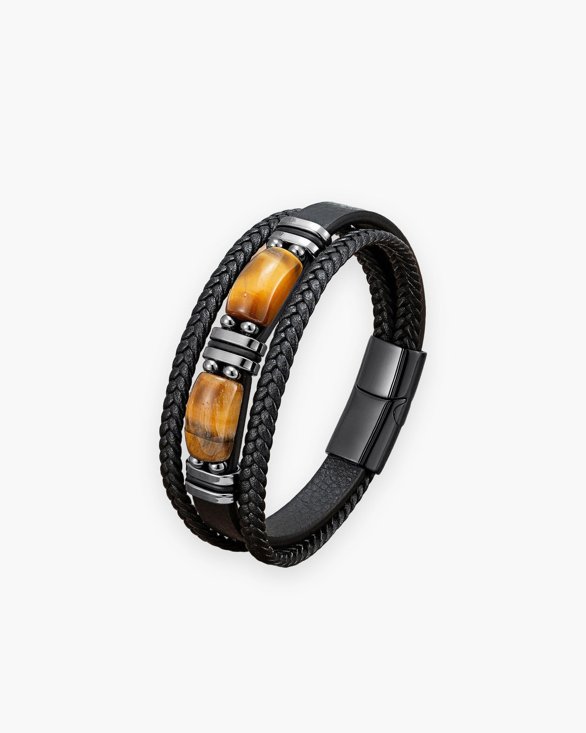 Atlas multi-strand leather and tiger eye bracelet in black leather with brown tiger eye [c:brown]