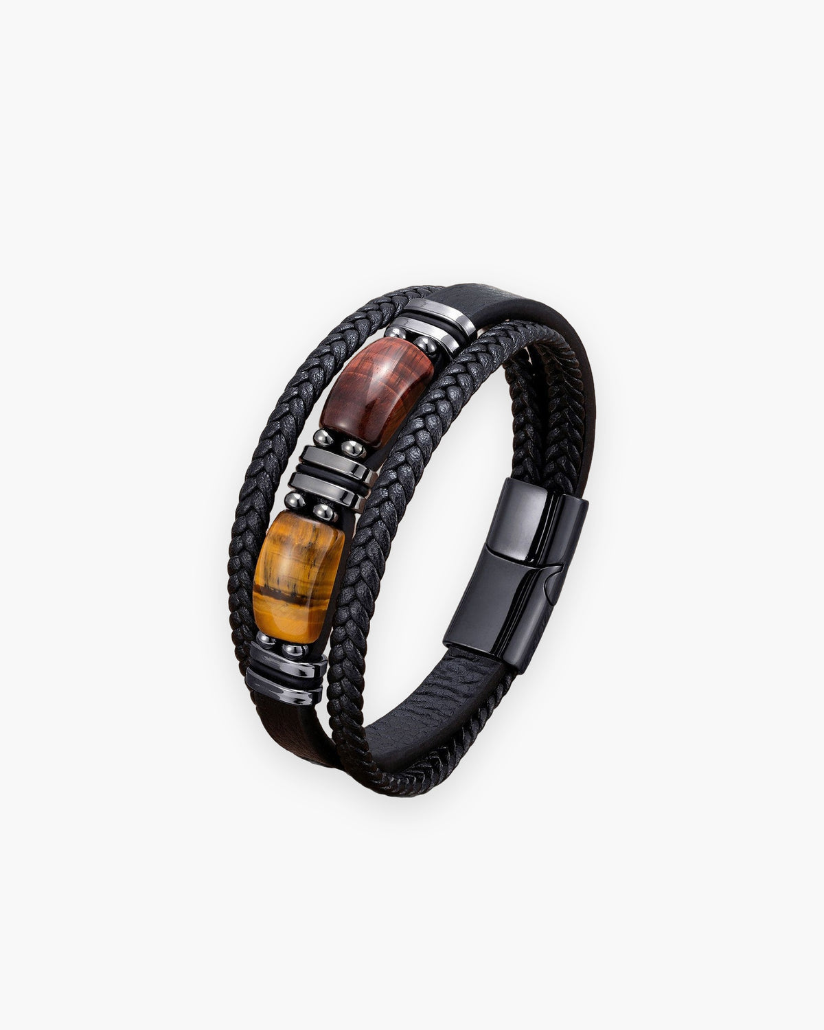 Atlas multi-strand leather and tiger eye bracelet in black leather with red and brown tiger eye [c:redbrown]