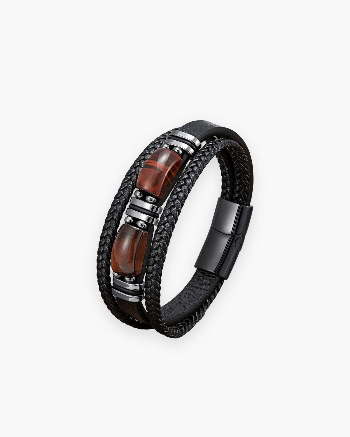 Atlas multi-strand leather and tiger eye bracelet in black leather with red tiger eye [c:red]