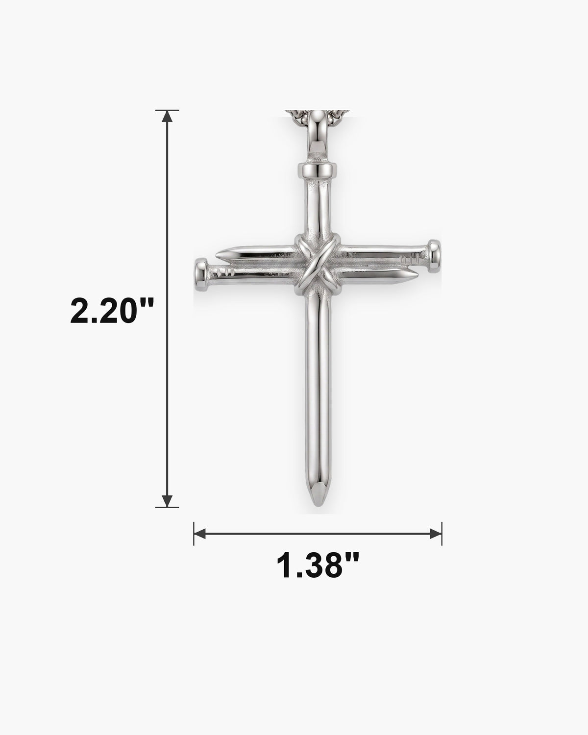 Atlas nail cross pendant necklace dimensions at true scale: 1.38 x 2.20 inch [u:in]